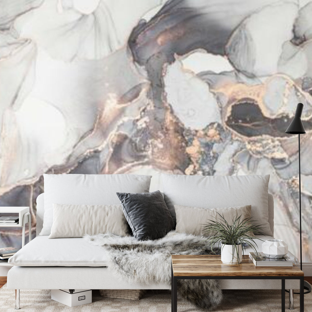 Papier peint panoramique Marbre cuivré — encre blanche et veines de cuivre
