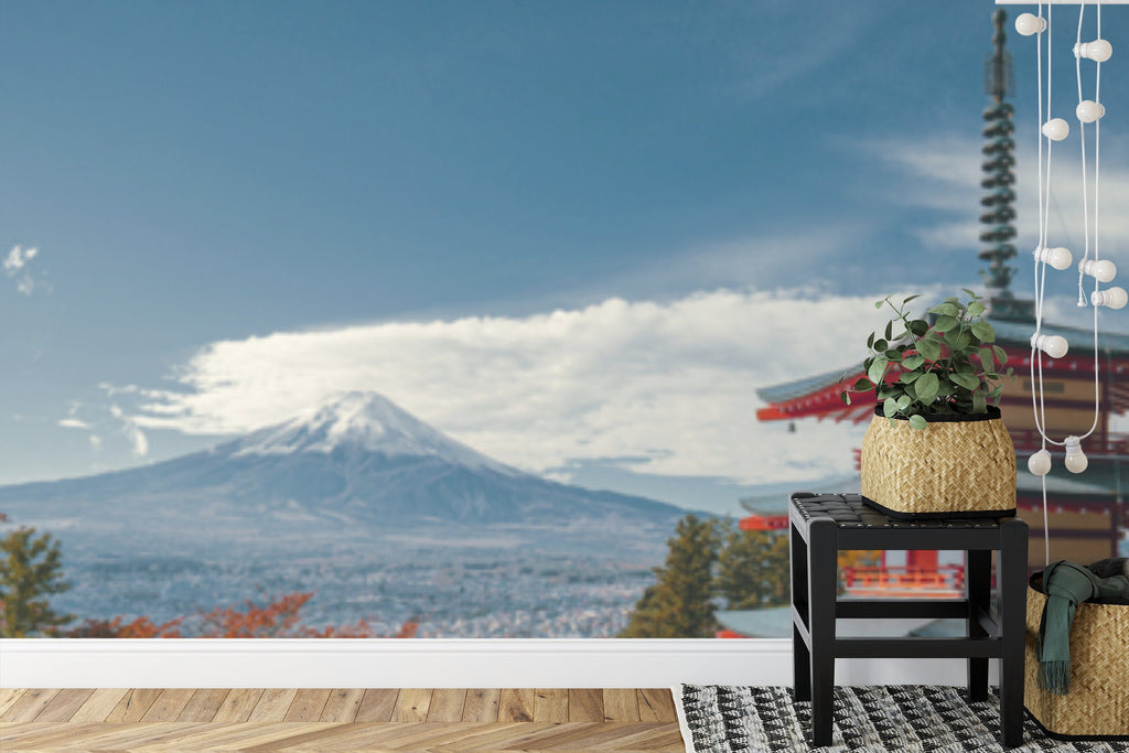 Papier peint panoramique Mont Fuji et pagode — paysage d'automne japonais