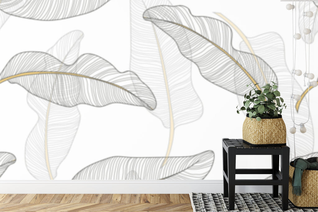 Papier peint panoramique Feuilles au trait doré — motif graphique épuré