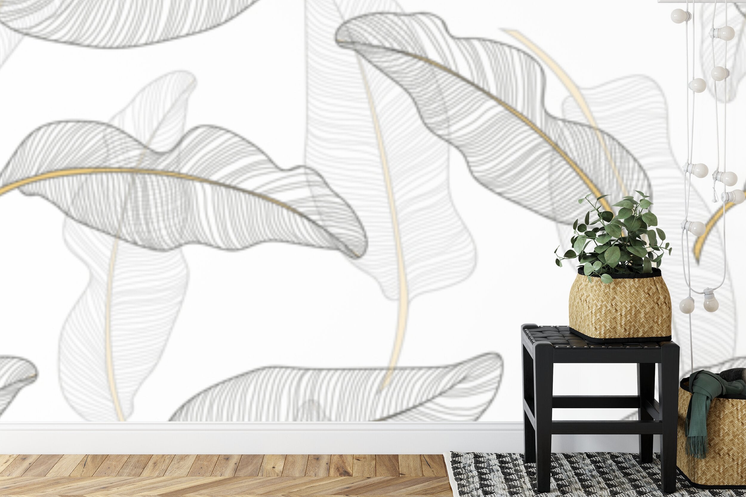 Papier peint panoramique Feuilles au trait doré — motif graphique épuré