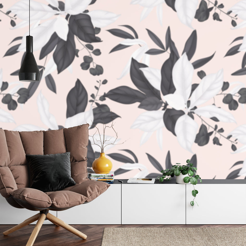 Papier peint panoramique Feuillage noir et blanc sur rose — motif graphique