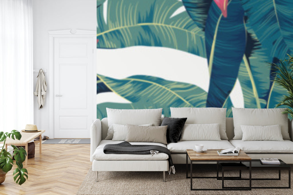 Papier peint panoramique Bananiers en fleurs — feuillage tropical vert émeraude