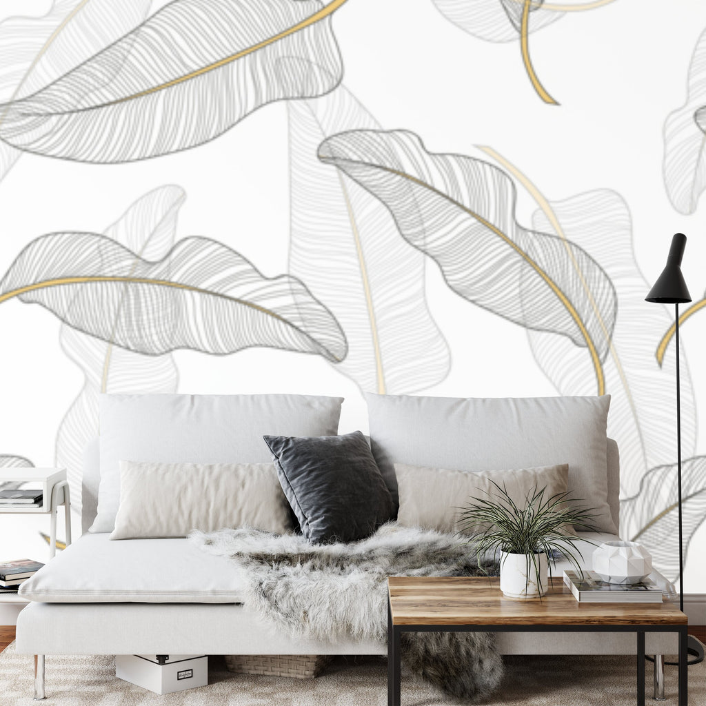 Papier peint panoramique Feuilles au trait doré — motif graphique épuré