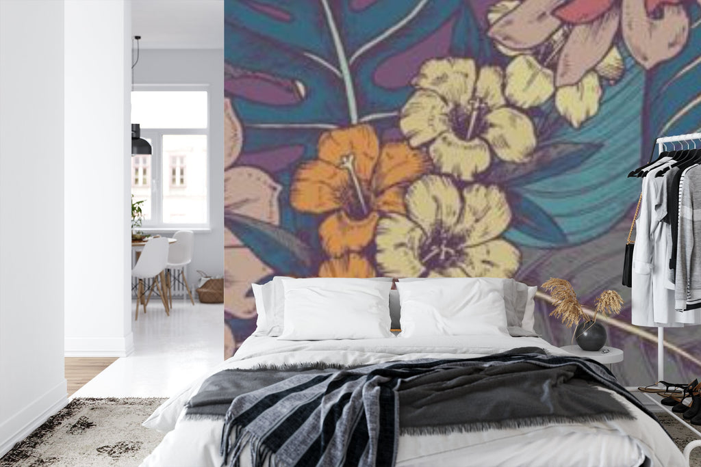 Papier peint panoramique Flore gravée — hibiscus et dahlias, motif tropical