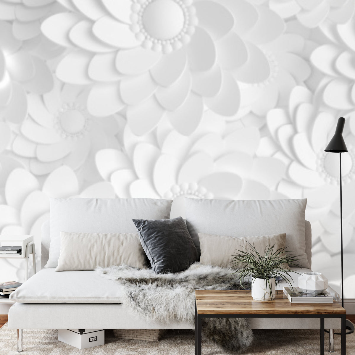 Papier peint panoramique Fleurs de papier — relief floral blanc mat