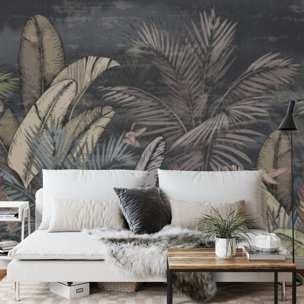 Papier peint panoramique Jungle nocturne — feuillage tropical fond anthracite