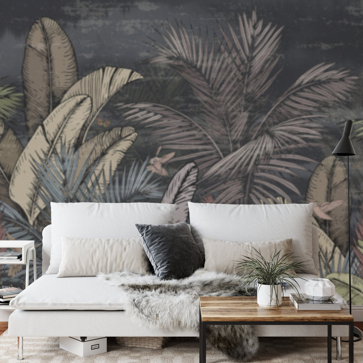 Papier peint panoramique Jungle nocturne — feuillage tropical fond anthracite