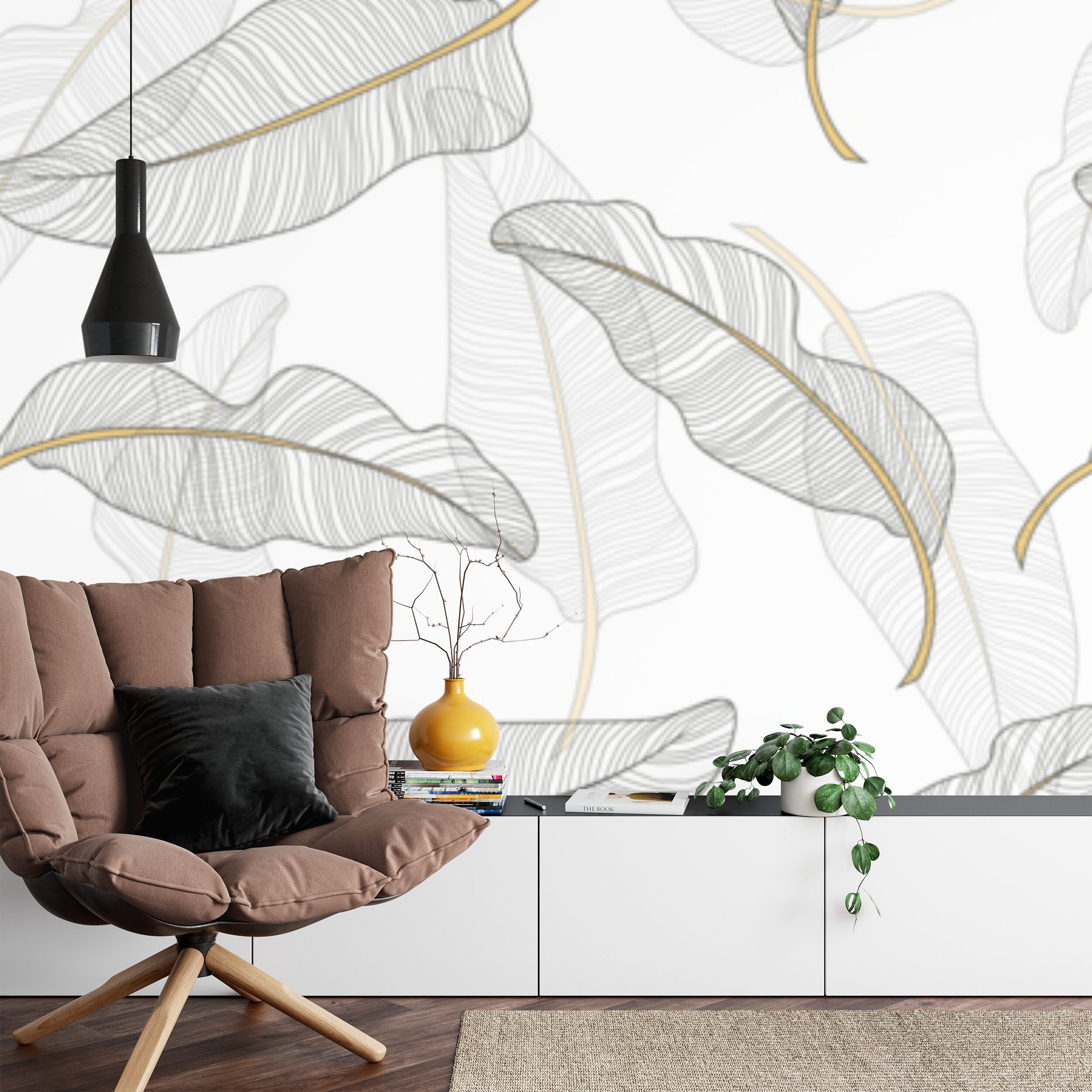 Papier peint panoramique Feuilles au trait doré — motif graphique épuré