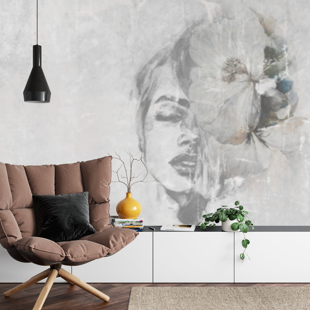 Papier peint panoramique Visage à l'aquarelle — portrait contemporain gris perle