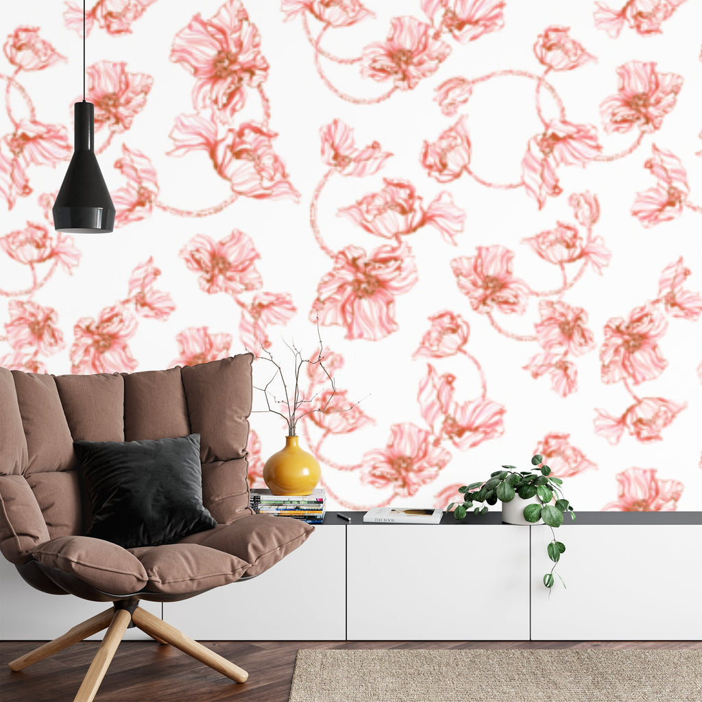 Papier peint panoramique Coquelicots au trait — motif floral corail