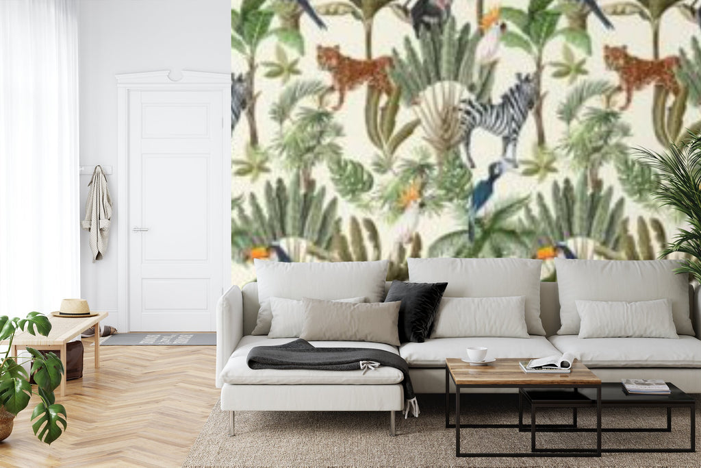 Papier peint panoramique Savane et jungle — zèbres, léopards et toucans