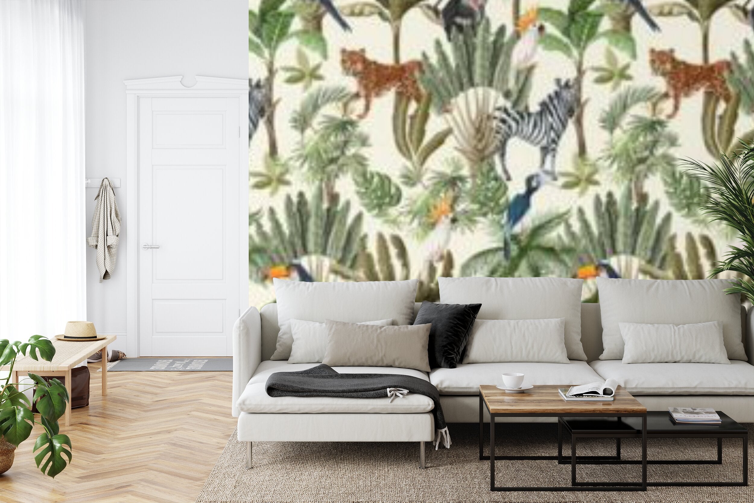 Papier peint panoramique Savane et jungle — zèbres, léopards et toucans