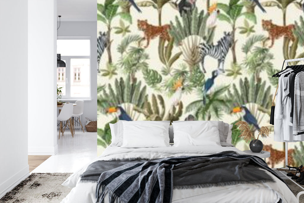 Papier peint panoramique Savane et jungle — zèbres, léopards et toucans