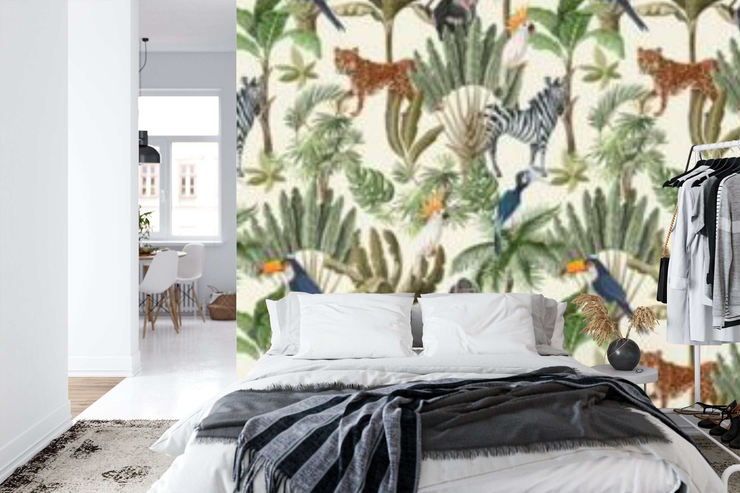 Papier peint panoramique Savane et jungle — zèbres, léopards et toucans