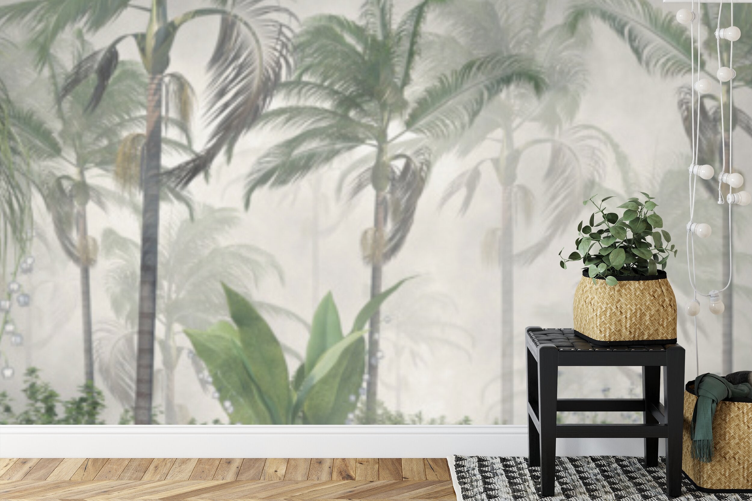 Papier peint panoramique Palmeraie brumeuse — paysage tropical vert amande
