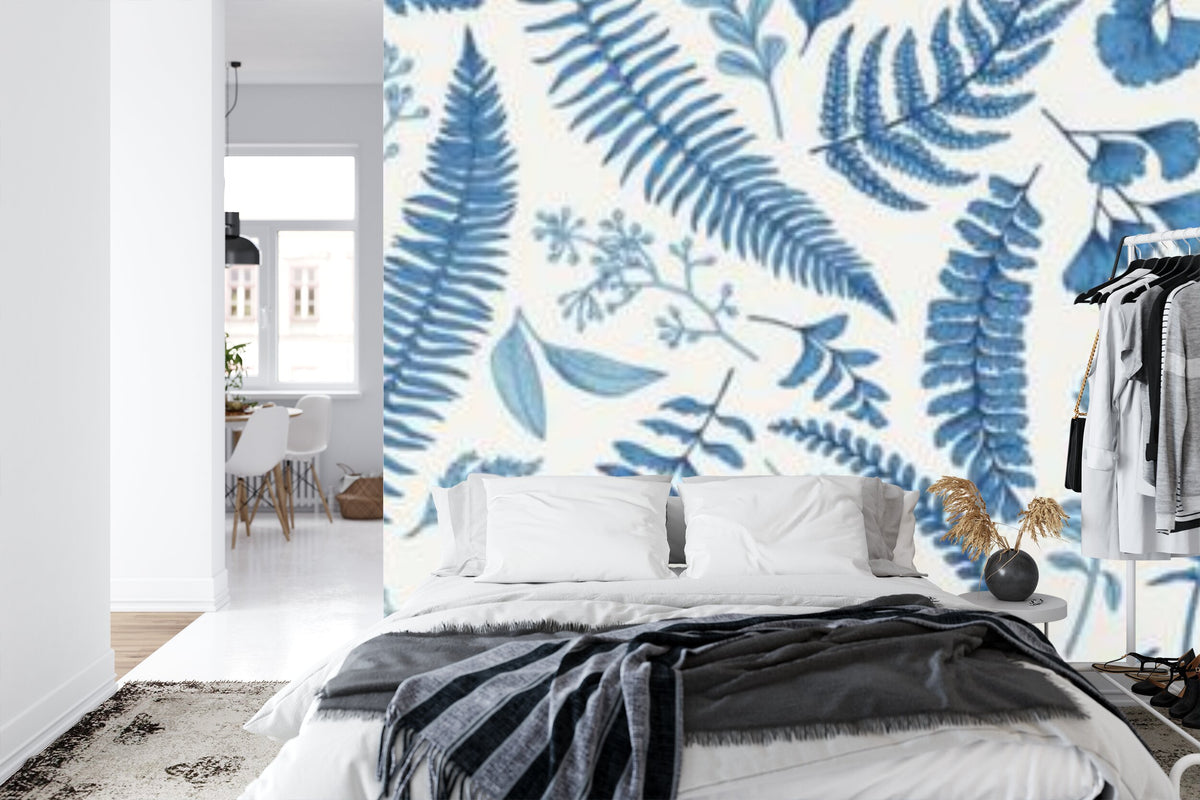 Papier peint panoramique Fougères bleues — herbier gravé sur crème