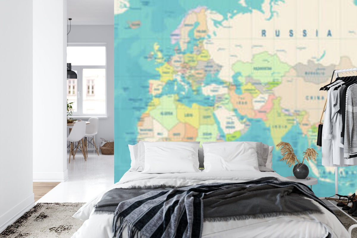 Papier peint panoramique Planisphère vintage — carte du monde bleu pétrole