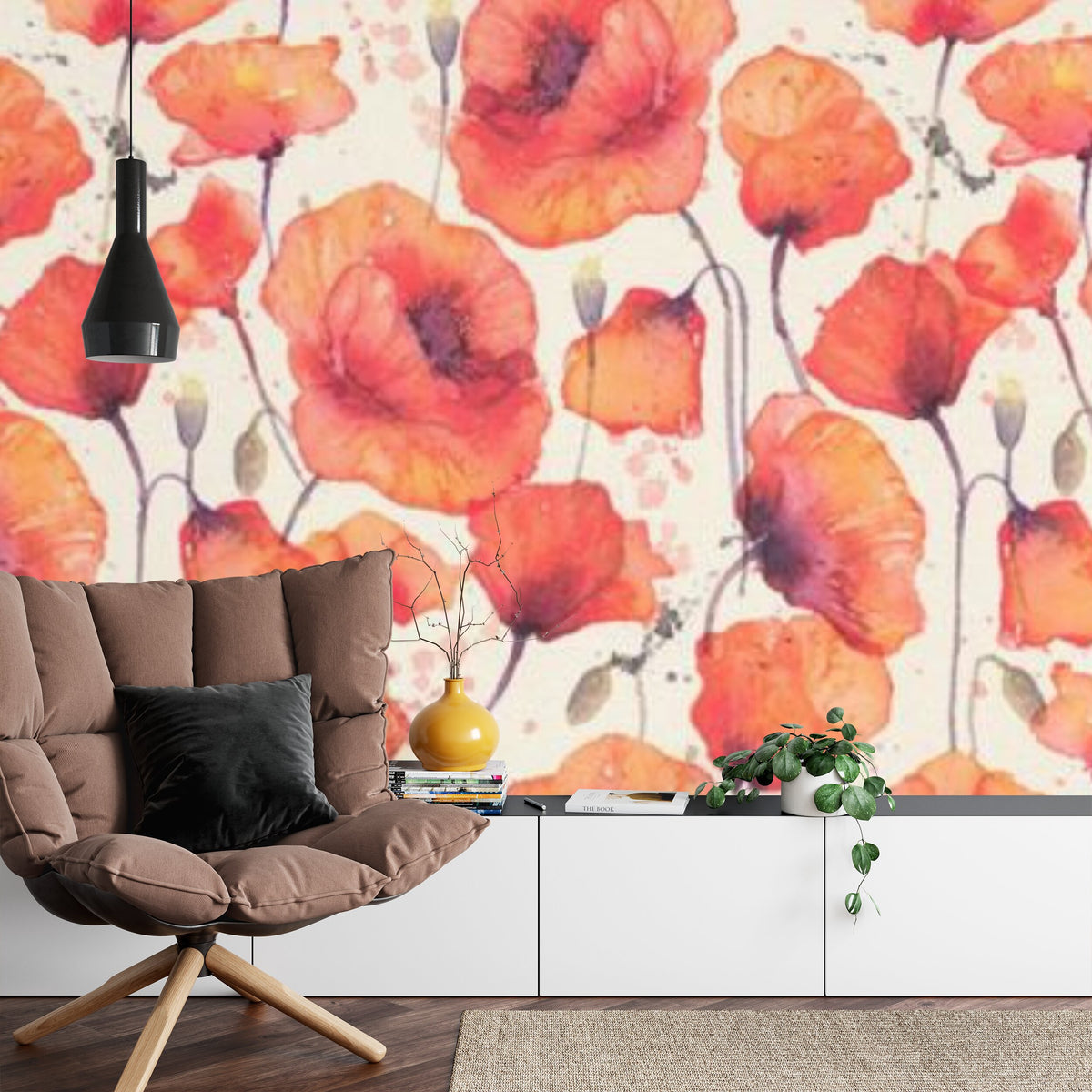Papier peint panoramique Coquelicots — motif floral aquarelle rouge