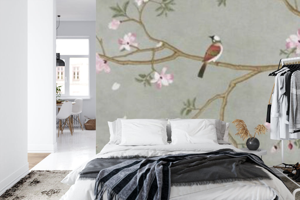 Papier peint panoramique Cerfs et magnolias en fleurs — chinoiserie vert de gris