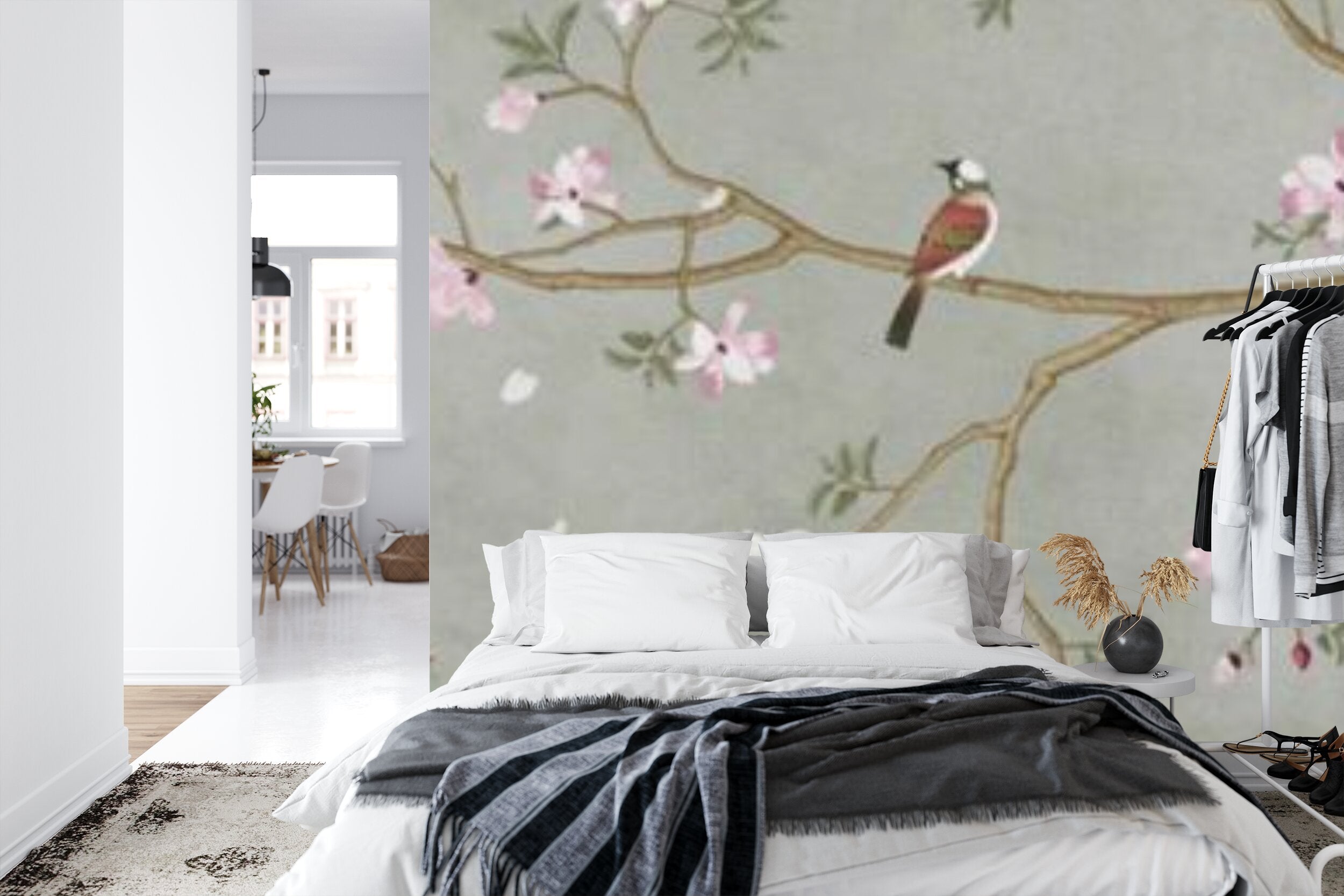 Papier peint panoramique Cerfs et magnolias en fleurs — chinoiserie vert de gris