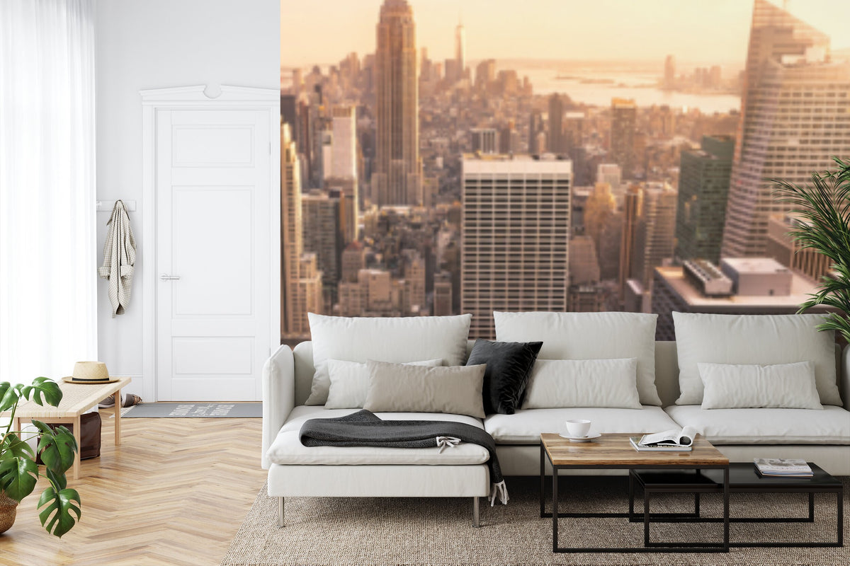 Papier peint panoramique Manhattan au crépuscule — paysage urbain doré