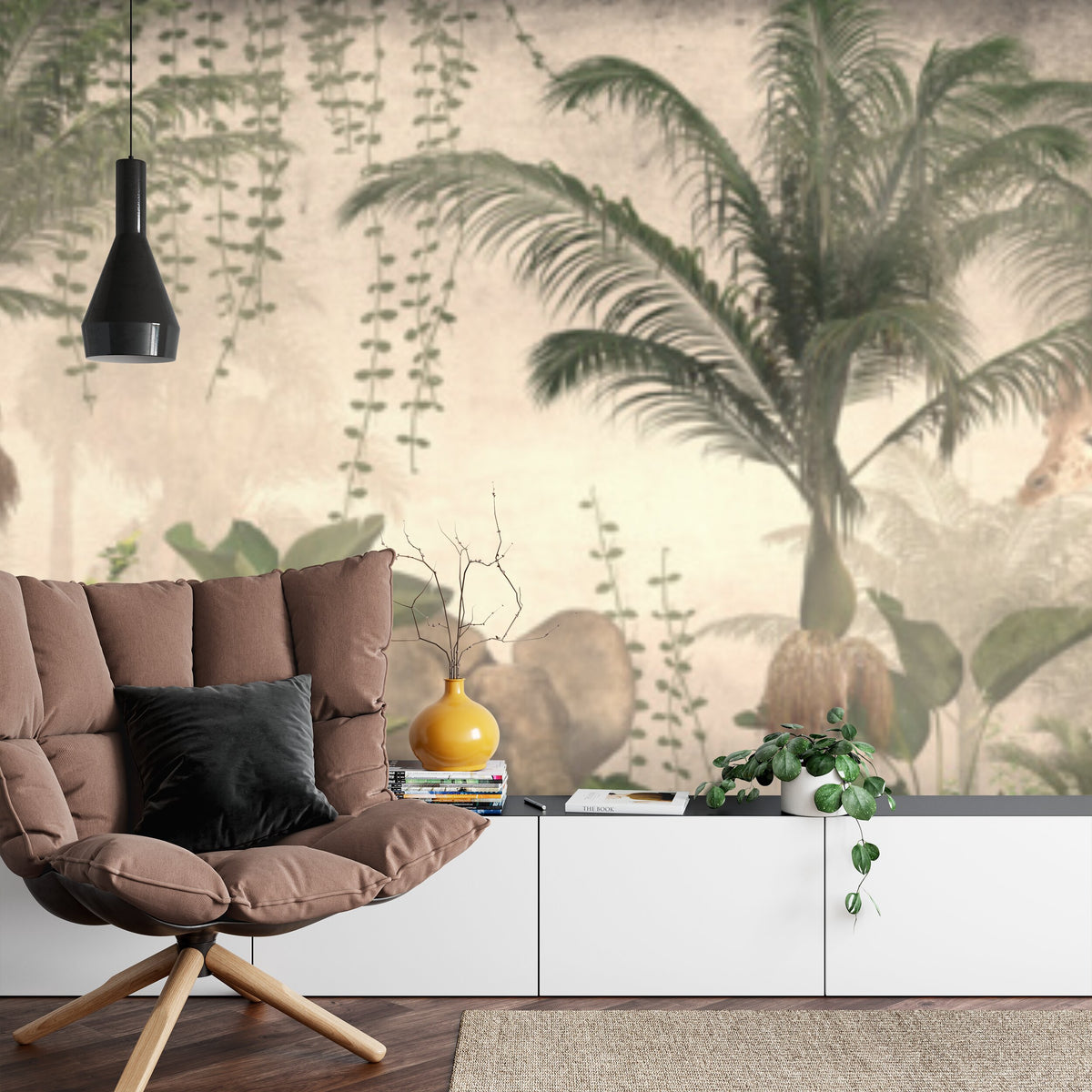 Papier peint panoramique Jungle sépia — éléphant et girafe dans la brume