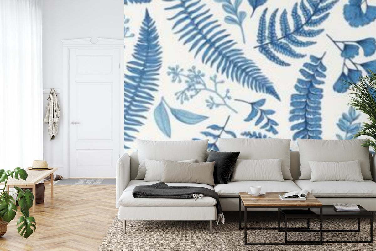 Papier peint panoramique Fougères bleues — herbier gravé sur crème