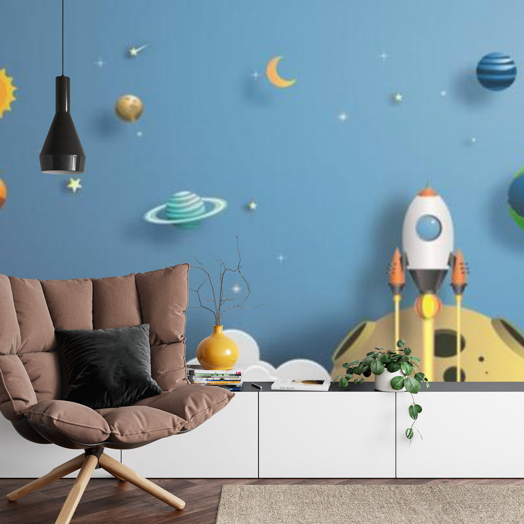 Papier peint panoramique Fusée et planètes — décor enfant espace