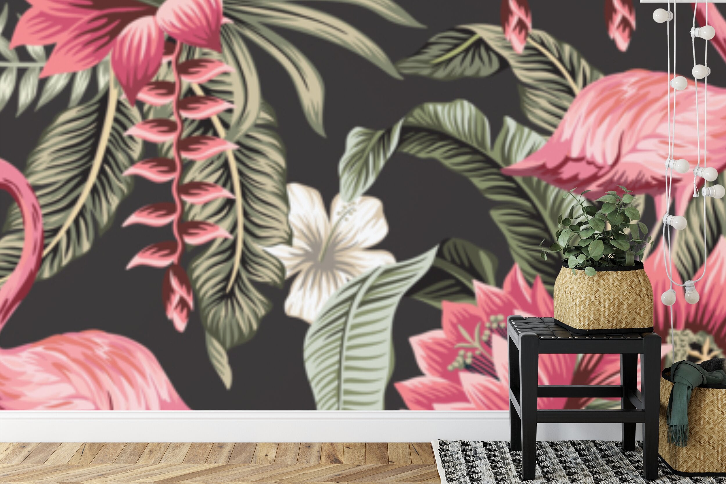 Papier peint panoramique Flamants roses — fleurs tropicales sur fond noir