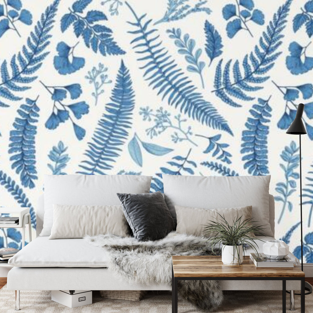 Papier peint panoramique Fougères bleues — herbier gravé sur crème