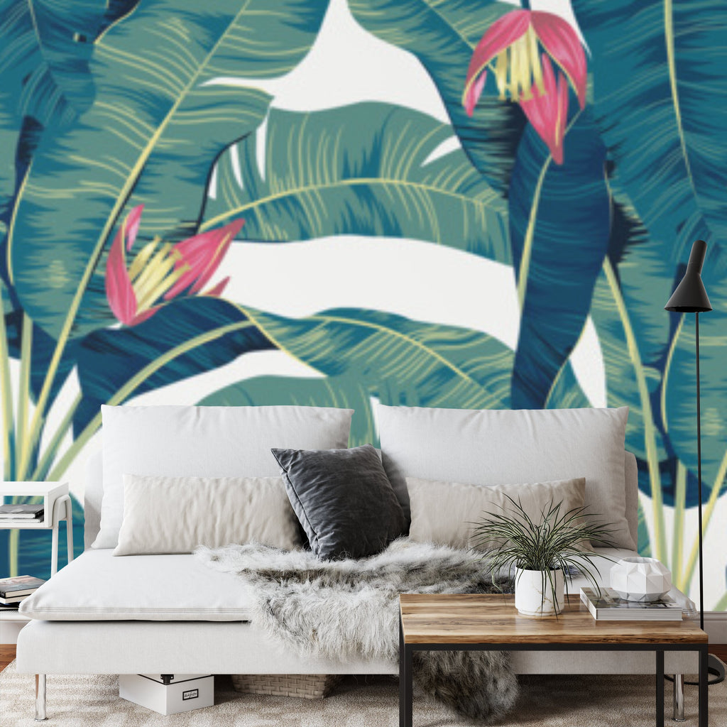 Papier peint panoramique Bananiers en fleurs — feuillage tropical vert émeraude