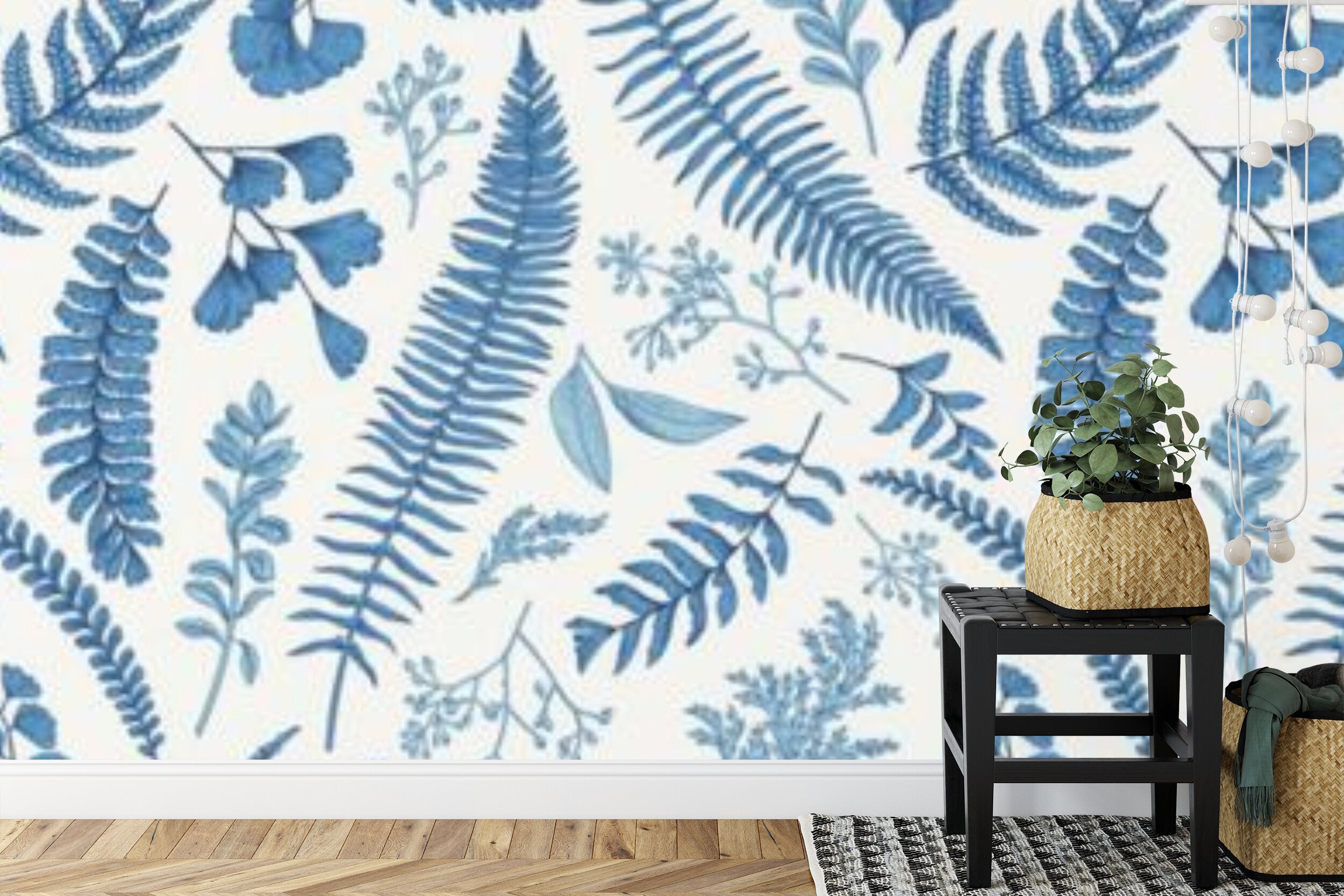 Papier peint panoramique Fougères bleues — herbier gravé sur crème