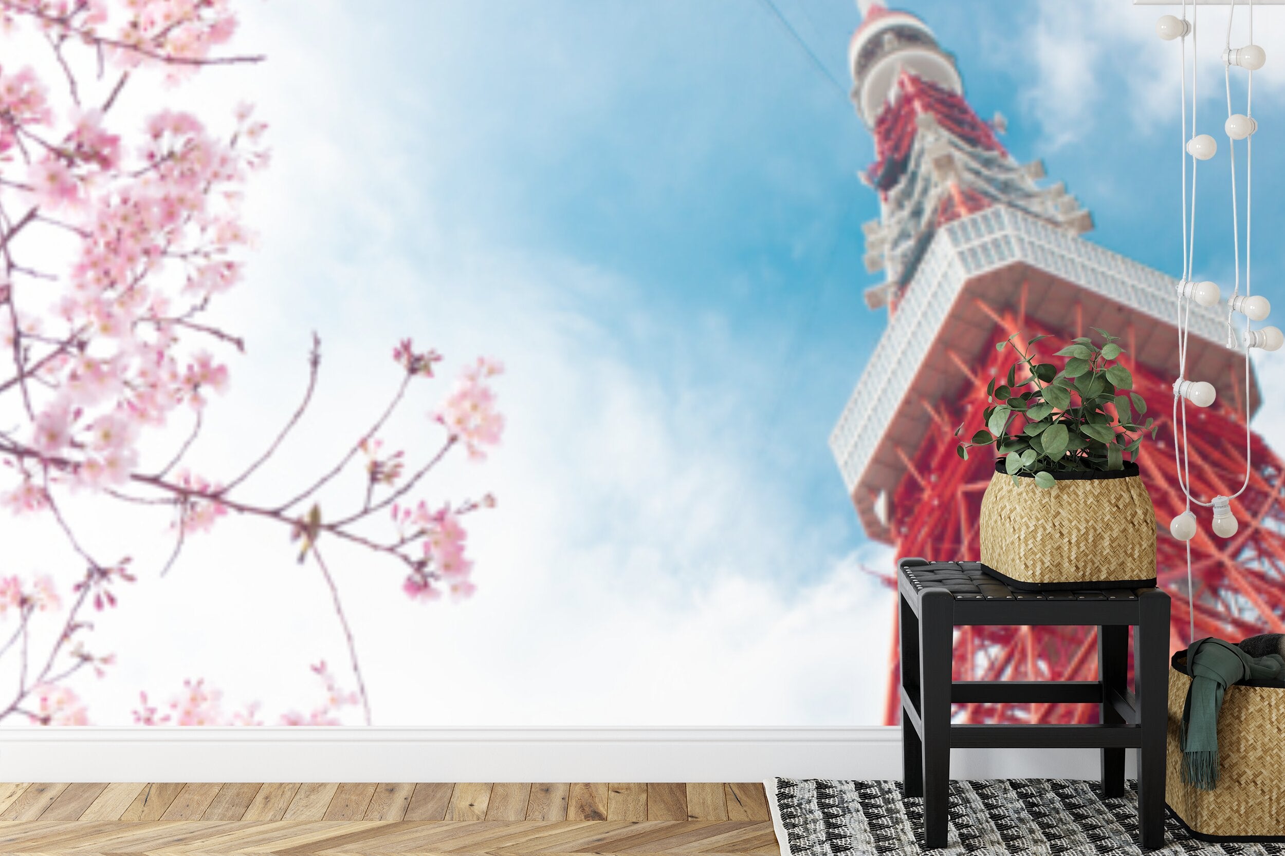 Papier peint panoramique Tour de Tokyo — cerisiers en fleurs et ciel bleu