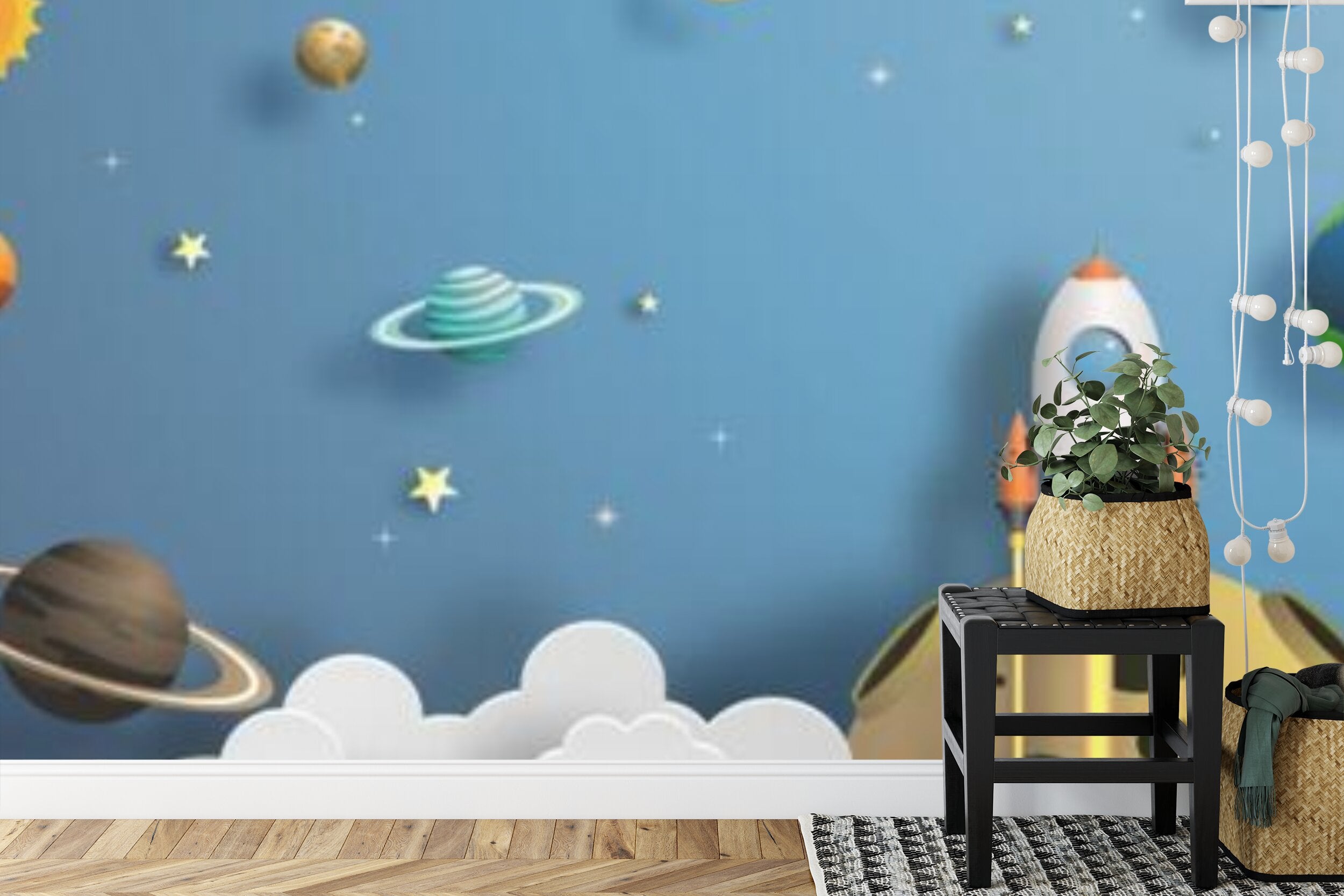 Papier peint panoramique Fusée et planètes — décor enfant espace