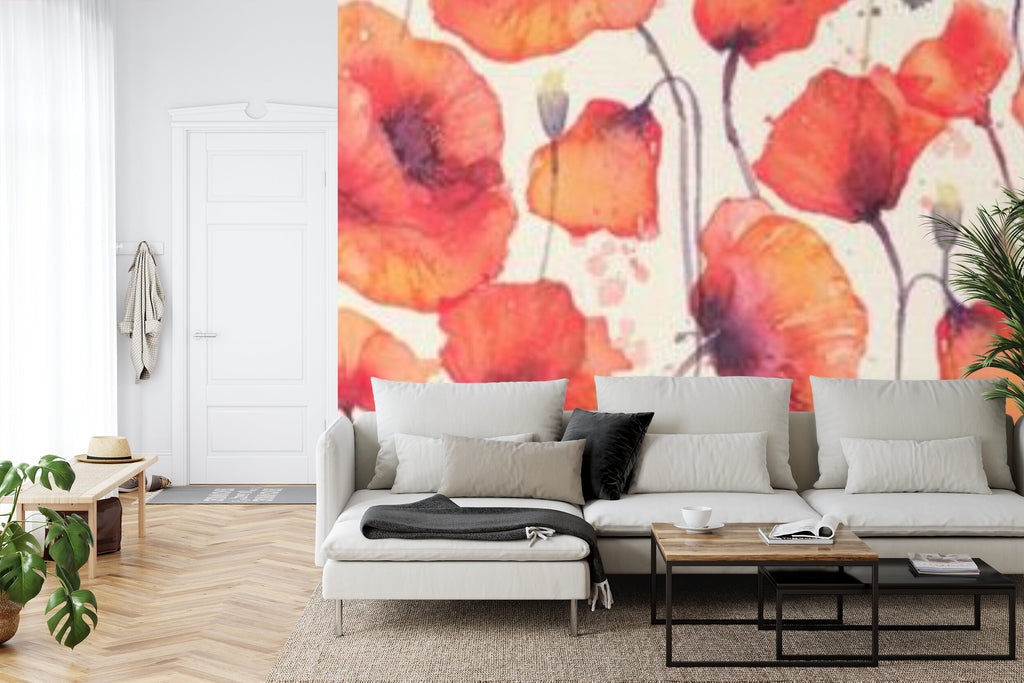 Papier peint panoramique Coquelicots — motif floral aquarelle rouge