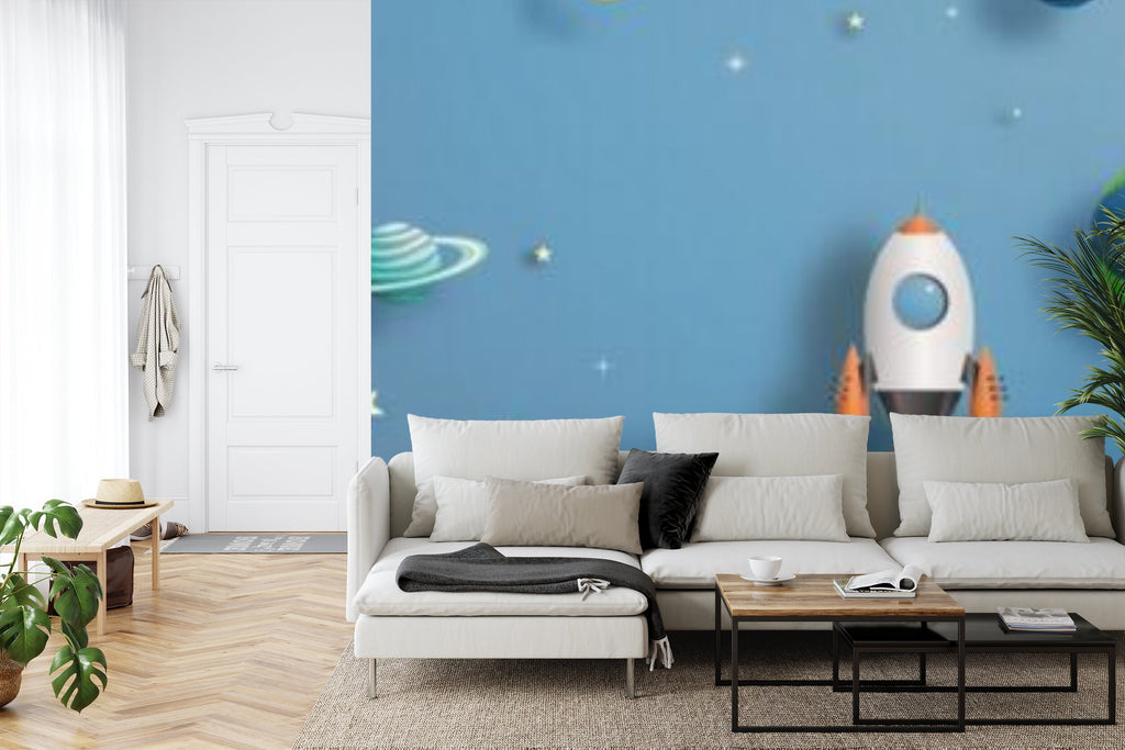 Papier peint panoramique Fusée et planètes — décor enfant espace