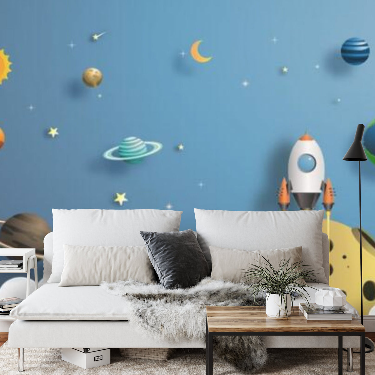 Papier peint panoramique Fusée et planètes — décor enfant espace