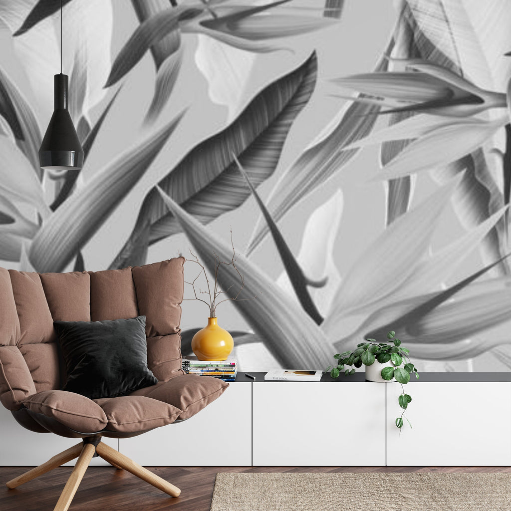 Papier peint panoramique Feuillage monochrome — tropical noir et blanc