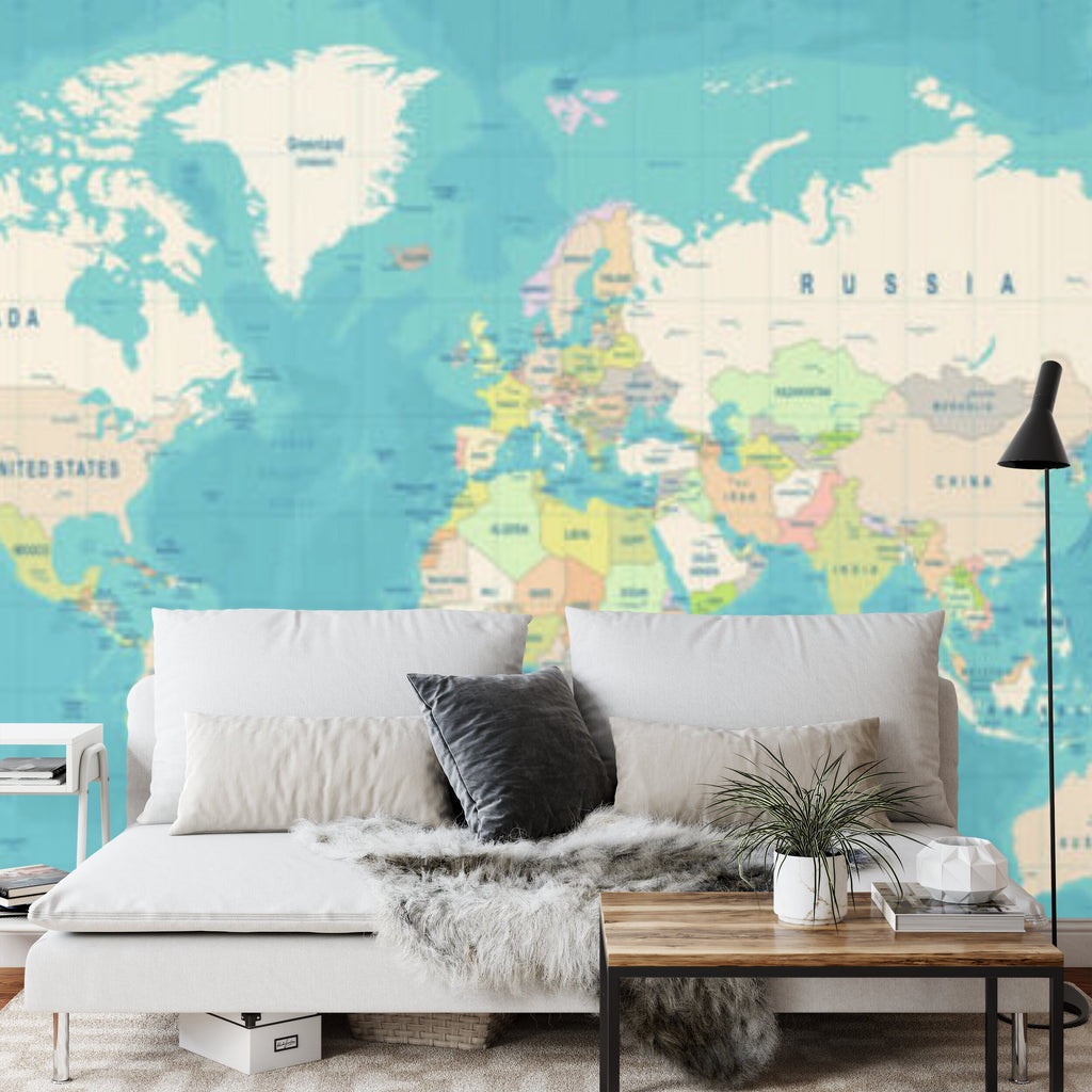 Papier peint panoramique Planisphère vintage — carte du monde bleu pétrole