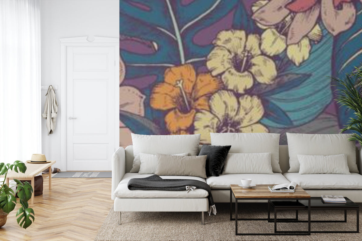 Papier peint panoramique Flore gravée — hibiscus et dahlias, motif tropical
