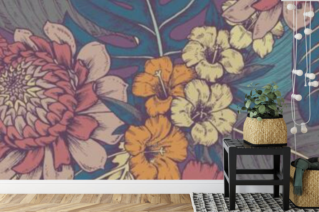 Papier peint panoramique Flore gravée — hibiscus et dahlias, motif tropical