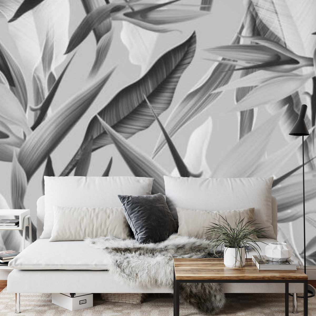 Papier peint panoramique Feuillage monochrome — tropical noir et blanc
