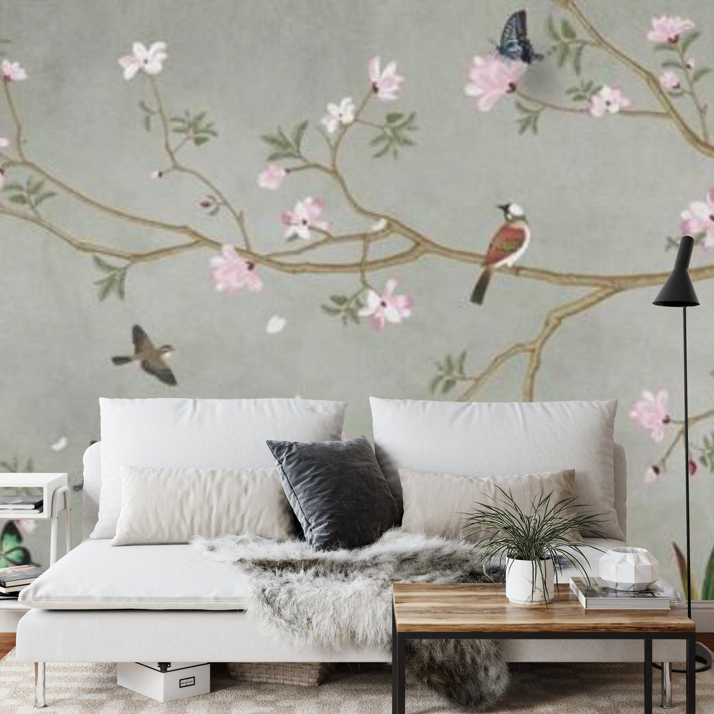 Papier peint panoramique Cerfs et magnolias en fleurs — chinoiserie vert de gris