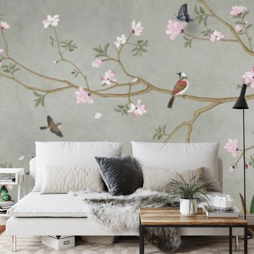 Papier peint panoramique Cerfs et magnolias en fleurs — chinoiserie vert de gris