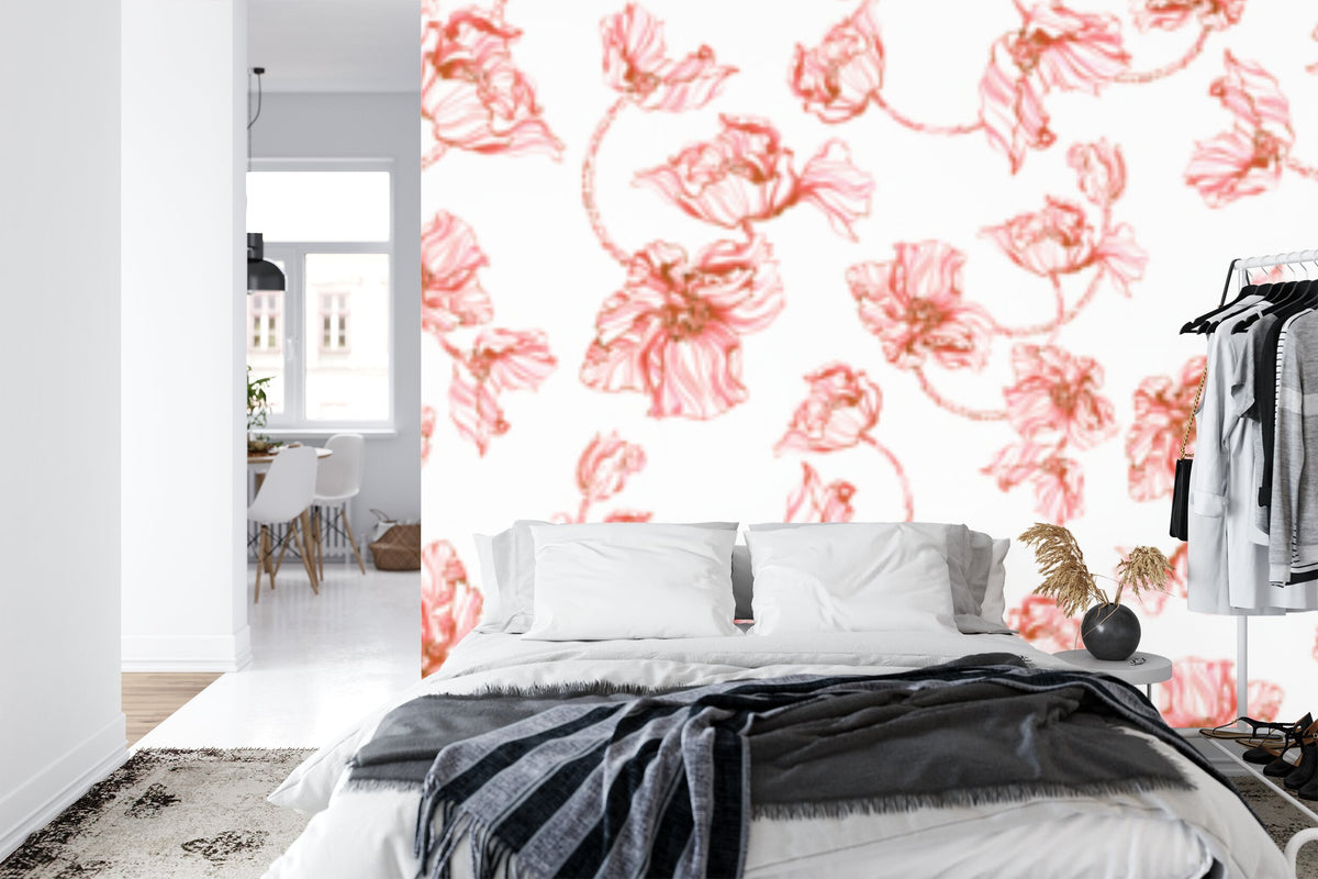 Papier peint panoramique Coquelicots au trait — motif floral corail