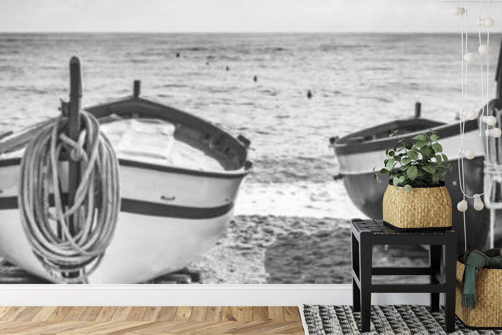 Papier peint panoramique Barques de pêche — paysage marin noir et blanc