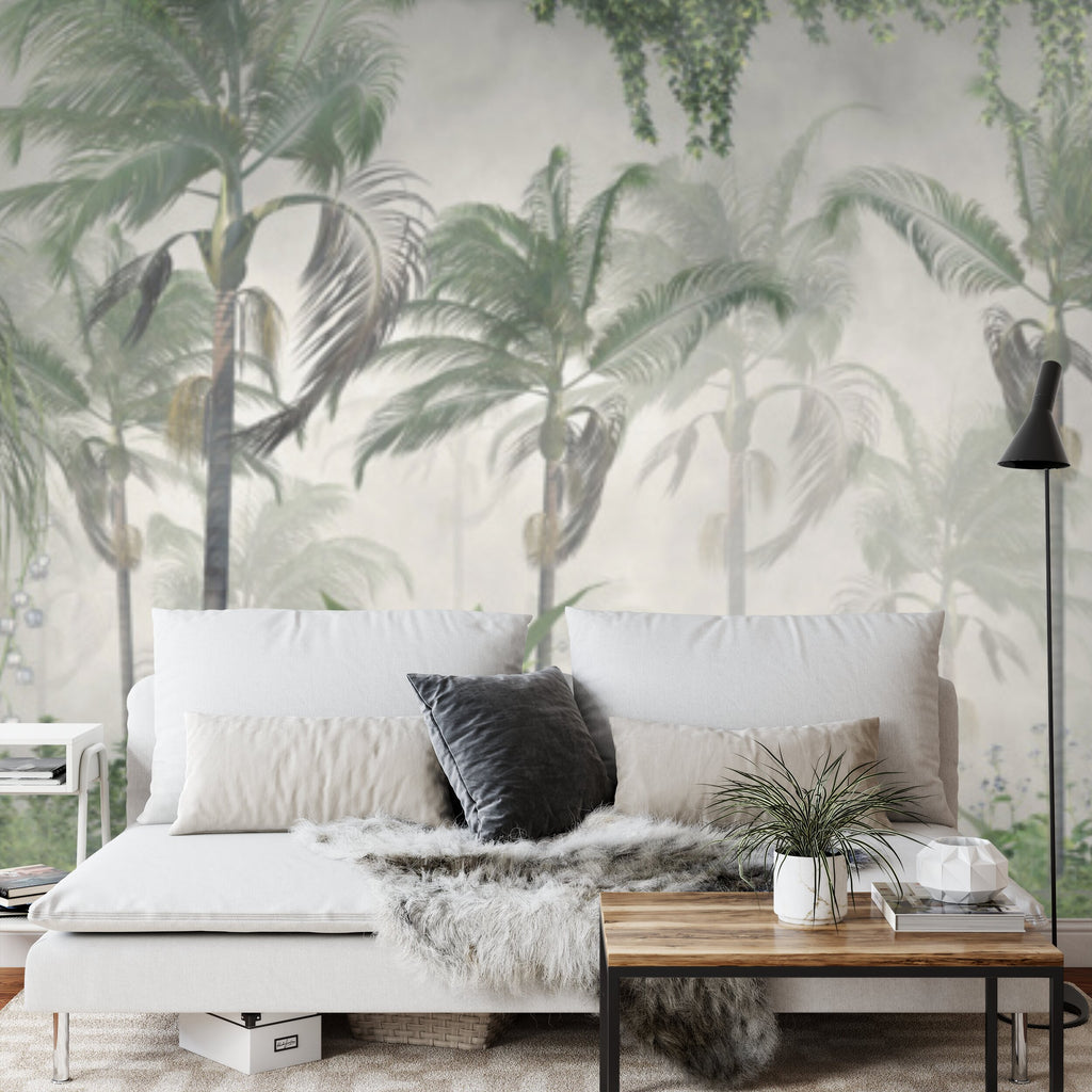 Papier peint panoramique Palmeraie brumeuse — paysage tropical vert amande