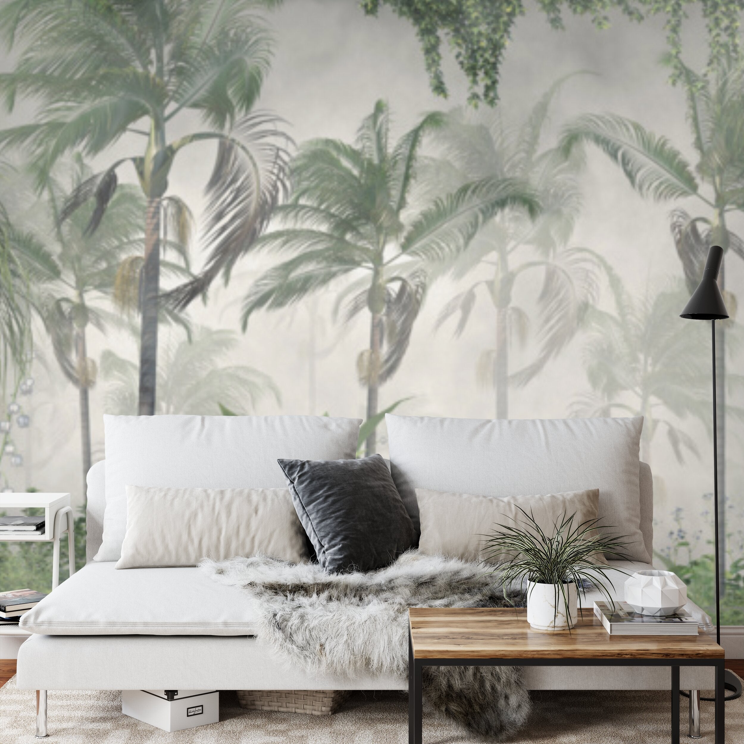 Papier peint panoramique Palmeraie brumeuse — paysage tropical vert amande