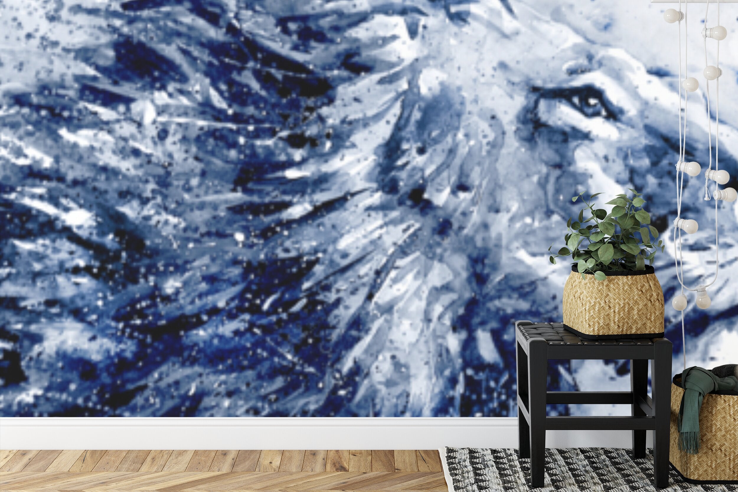 Papier peint panoramique Lion à l'aquarelle — bleu indigo sur blanc