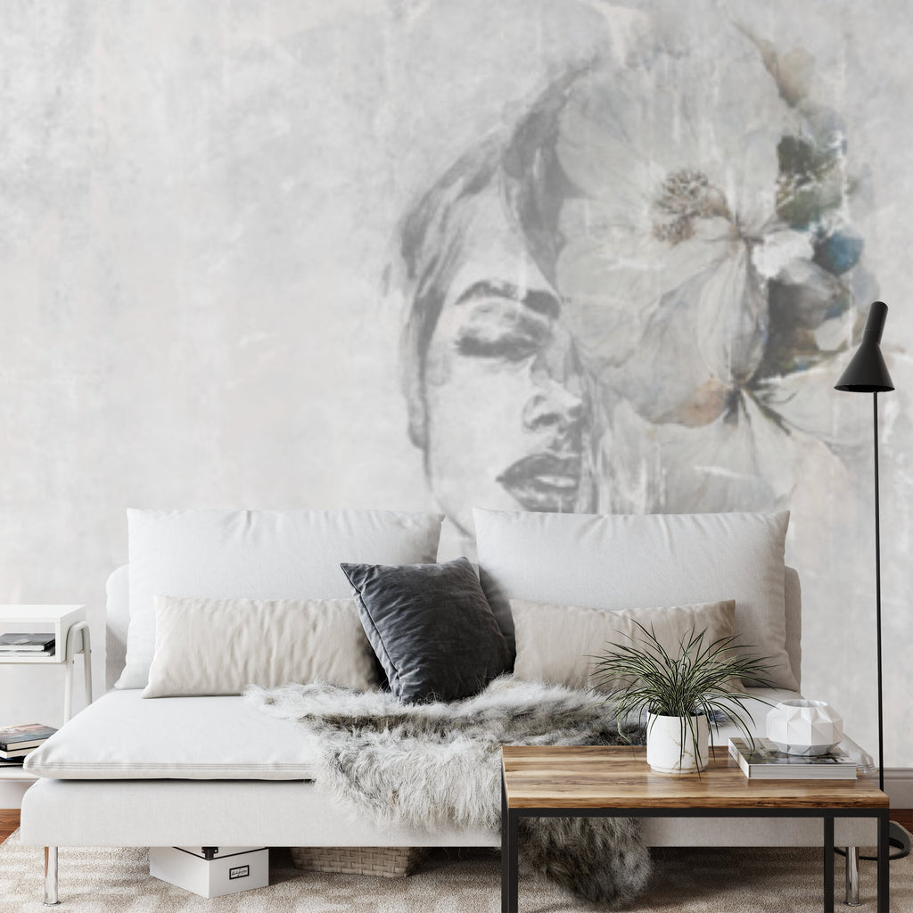Papier peint panoramique Visage à l'aquarelle — portrait contemporain gris perle